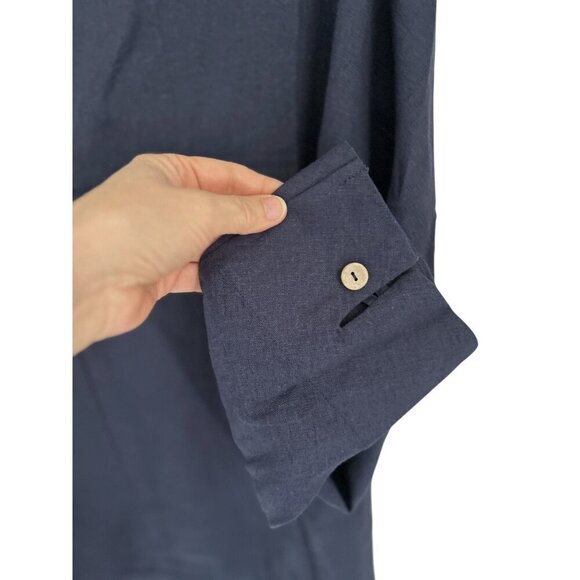 Kidoriman Tunic Linen & Cotton Navy Long Sleeve V-Neck Shirt With Buttoned Cuffs - Picture 3 of 7
